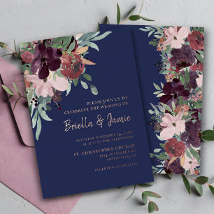 Invitation En Aluminium Aquarelle Floral Marine Plum & Rose Mariage or