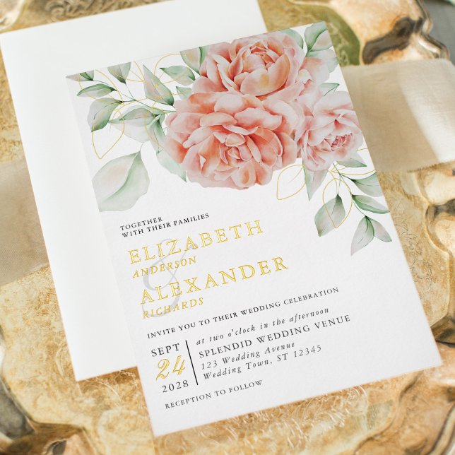 Invitation En Aluminium Aquarelle Floral rose élégant mariage or (Créateur téléchargé)