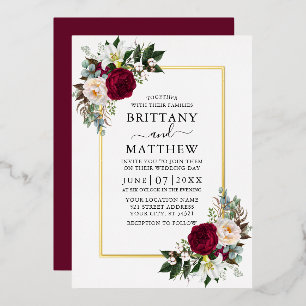 Invitation En Aluminium Aquarelle Floral Végétal Mariage Bourgogne Or
