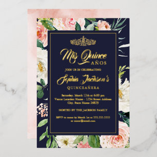 Invitation En Aluminium Aquarelle florale bleu marine or Quinceanera