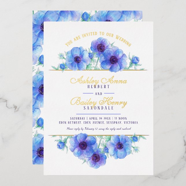 Invitation En Aluminium Aquarelle florale d'anémone blanche bleue feuille  (Recto/Verso)