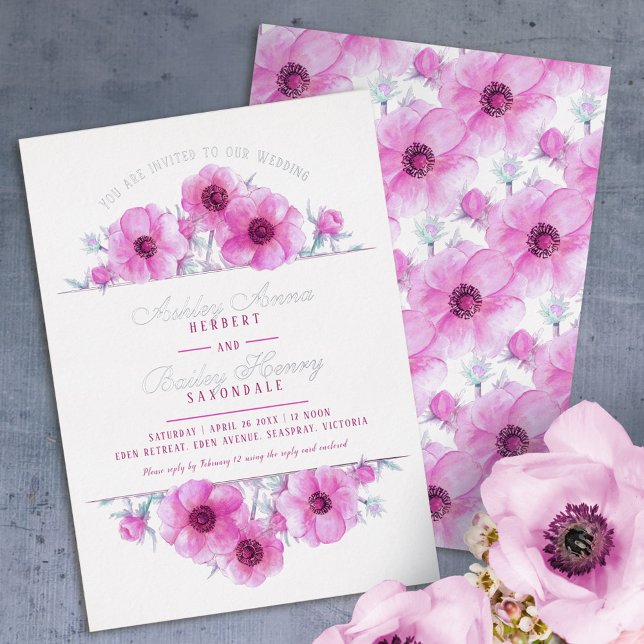 Invitation En Aluminium Aquarelle florale d'anémone rose blanc mariage (Créateur téléchargé)