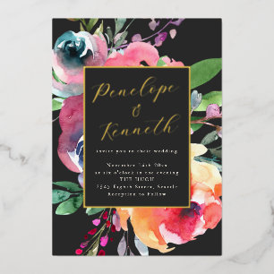 Invitation En Aluminium Aquarelle Florale Élégant Script Mariage Or Sombre