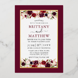 Invitation En Aluminium Aquarelle Florale Mariage Élégant Bourgogne Or