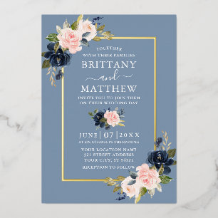 Invitation En Aluminium Aquarelle Florale Mariage Rose Poussiéreux Bleu Or