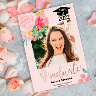 Invitation En Aluminium Aquarelle florale moderne chic 2 photos graduation