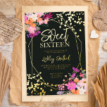 Invitation En Aluminium Aquarelle florale moderne or photo Sweet 16<br><div class="desc">Un printemps chic, rose d'été, violet et orange floral aquarelle et véritable feuille d'or confetti typographie Sweet 16 anniversaire avec des fleurs peintes à la main, verdure branches feuille d'aquarelle avec cadre de terrarium géométrique or sur arrière - plan foncé, parfait pour toutes les saisons fête d'anniversaire, ajoutez votre photo...</div>