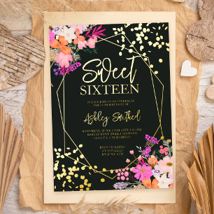 Invitation En Aluminium Aquarelle florale moderne or photo Sweet 16