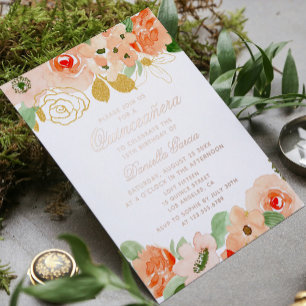 Invitation En Aluminium Aquarelle Florale Moderne Quinceañera Rose Doré