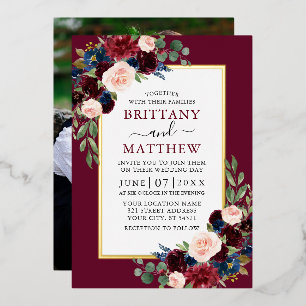 Invitation En Aluminium Aquarelle Florale Photo Bourgogne Mariage Or