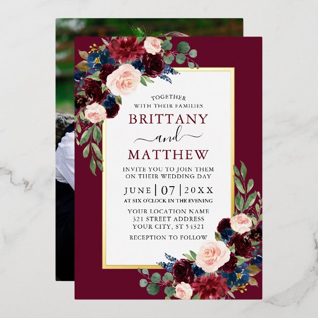 Invitation En Aluminium Aquarelle Florale Photo Bourgogne Mariage Or (Recto/Verso)