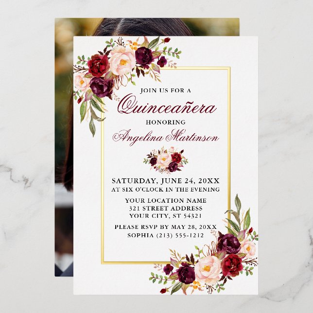 Invitation En Aluminium Aquarelle Florale Photo Quinceanera Or (Recto/Verso)