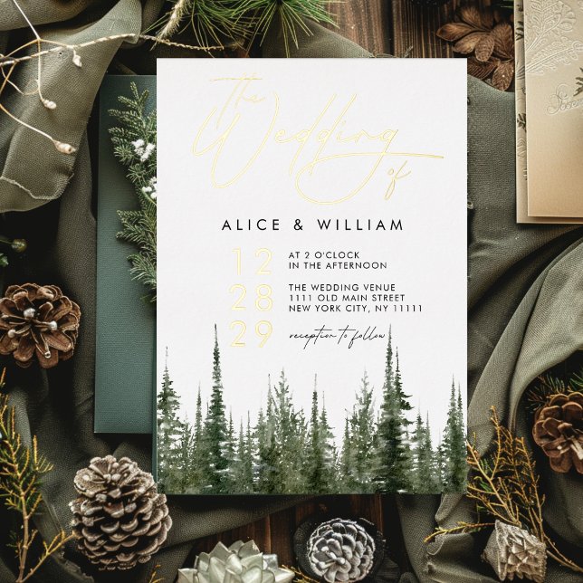 Invitation En Aluminium Aquarelle Forêt Pins Arbres Rustique Mariage (Watercolor Forest Pine Trees Rustic Wedding Foil Invitation)