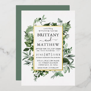Invitation En Aluminium Aquarelle Fougères de Lierre Vert Sage Mariage Or