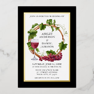 Invitation En Aluminium Aquarelle Grappe Vins Wreath Mariage Black Gold
