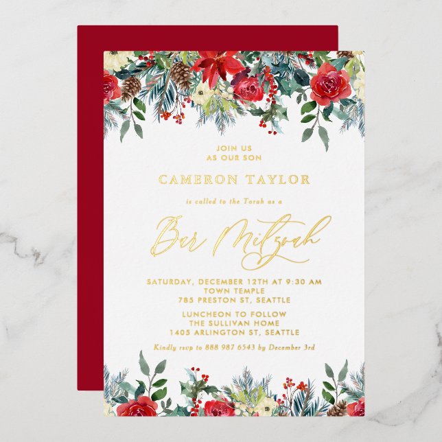 Invitation En Aluminium Aquarelle L'hiver fleurit Floral Bar Mitzvah (Recto/Verso)