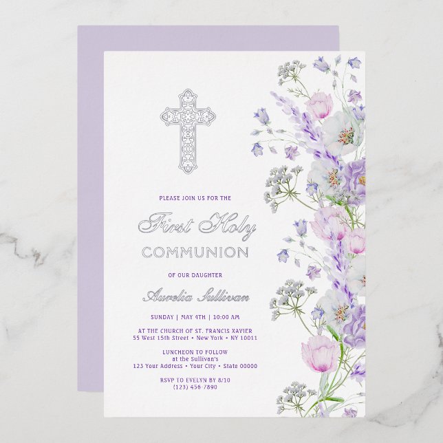 Invitation En Aluminium Aquarelle Lilac Fleurs Première communion (Recto/Verso)