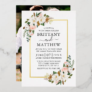 Invitation En Aluminium Aquarelle Magnolias Rose Mariage photo Or