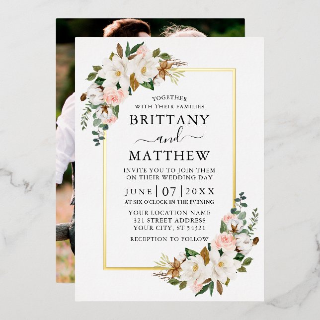 Invitation En Aluminium Aquarelle Magnolias Rose Mariage photo Or (Recto/Verso)