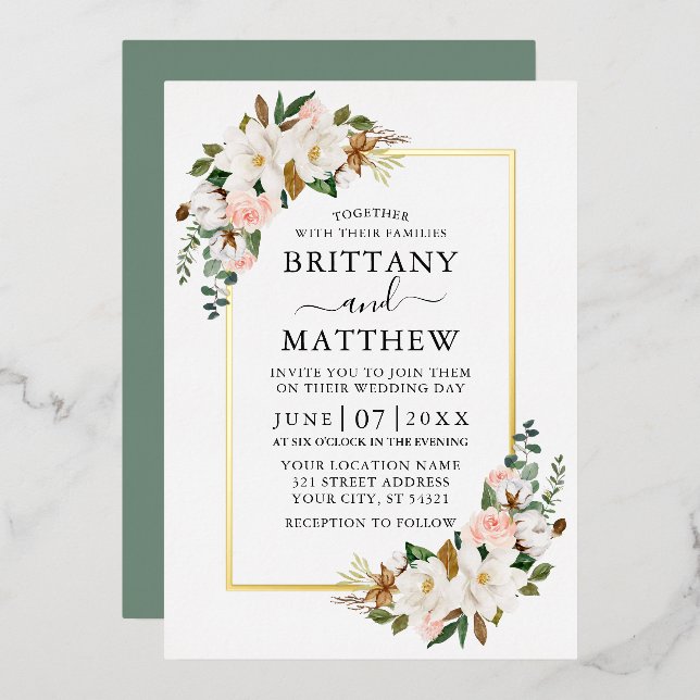 Invitation En Aluminium Aquarelle Magnolias Rose Mariage Sage Green Gold (Recto/Verso)
