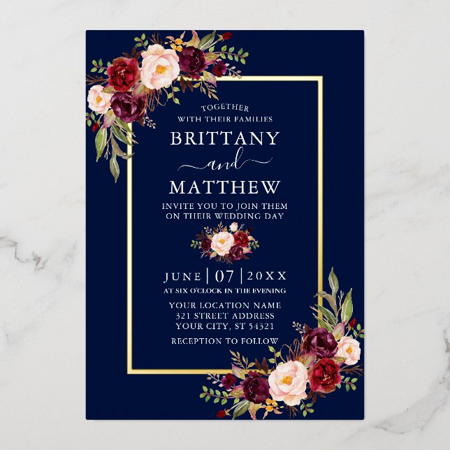 Invitation En Aluminium Aquarelle mariage Bourgogne Floral Blue Gold (Recto)