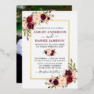 Invitation En Aluminium Aquarelle mariage Bourgogne Floral Photo Gold