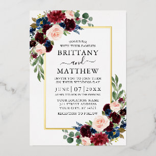 Invitation En Aluminium Aquarelle mariage Burgundy Bleu Floral Or