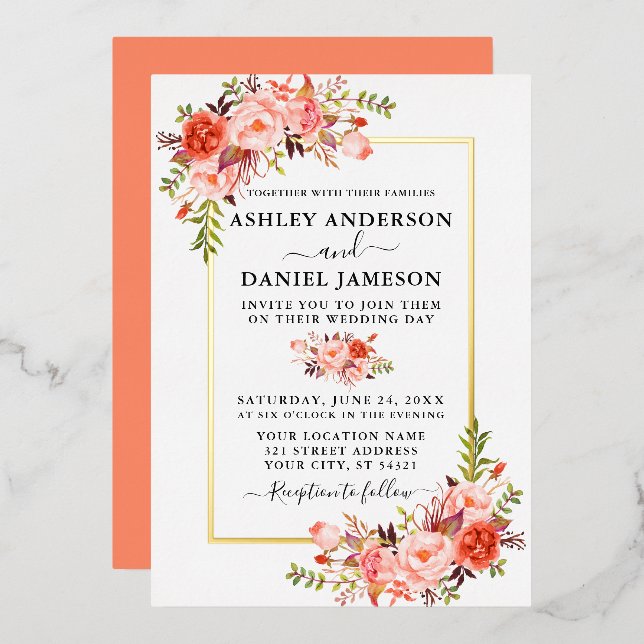 Invitation En Aluminium Aquarelle mariage Coral Floral Or (Recto/Verso)