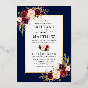 Invitation En Aluminium Aquarelle Mariage Floral Bourgogne Bleu Or