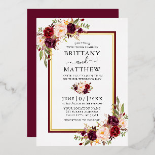 Invitation En Aluminium Aquarelle mariage Floral Bourgogne et or