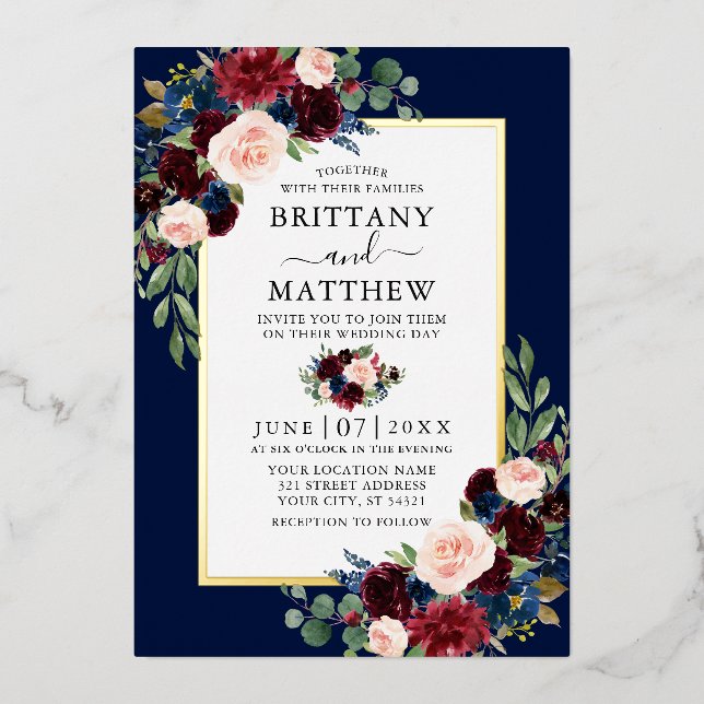 Invitation En Aluminium Aquarelle mariage Mixte Floral Blue Gold (Recto)