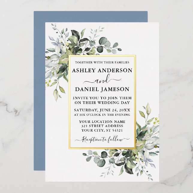 Invitation En Aluminium Aquarelle mariage Verdure Dusty Blue Gold (Recto/Verso)