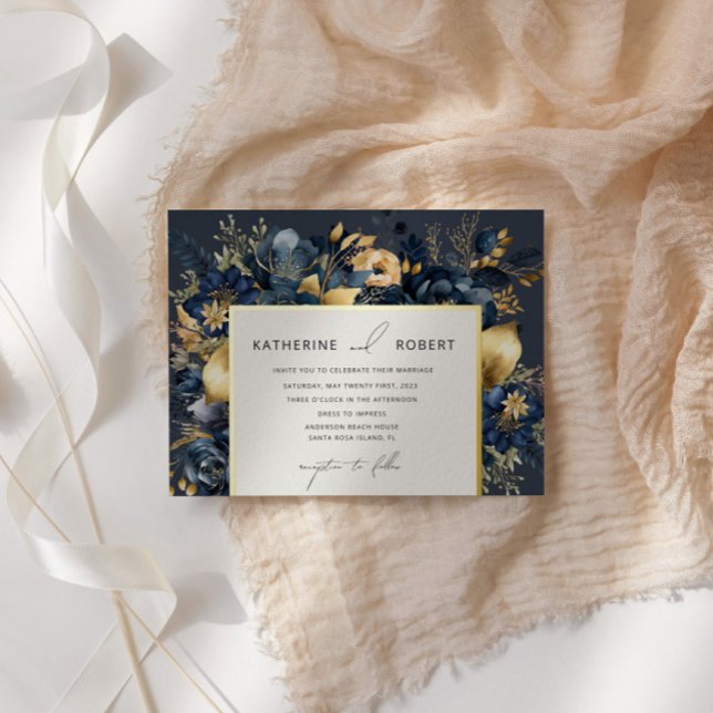 Invitation En Aluminium Aquarelle Midnight Blue Gold FlorMariage (Créateur téléchargé)