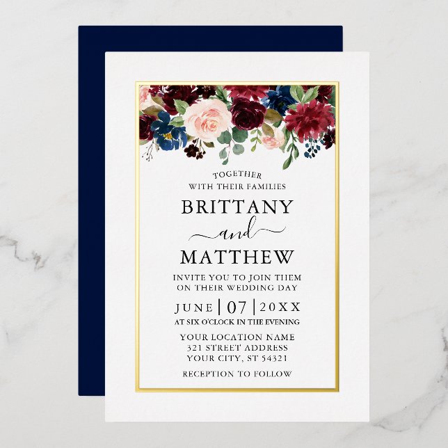 Invitation En Aluminium Aquarelle Mixte Floral Mariage Bleu Or (Recto/Verso)