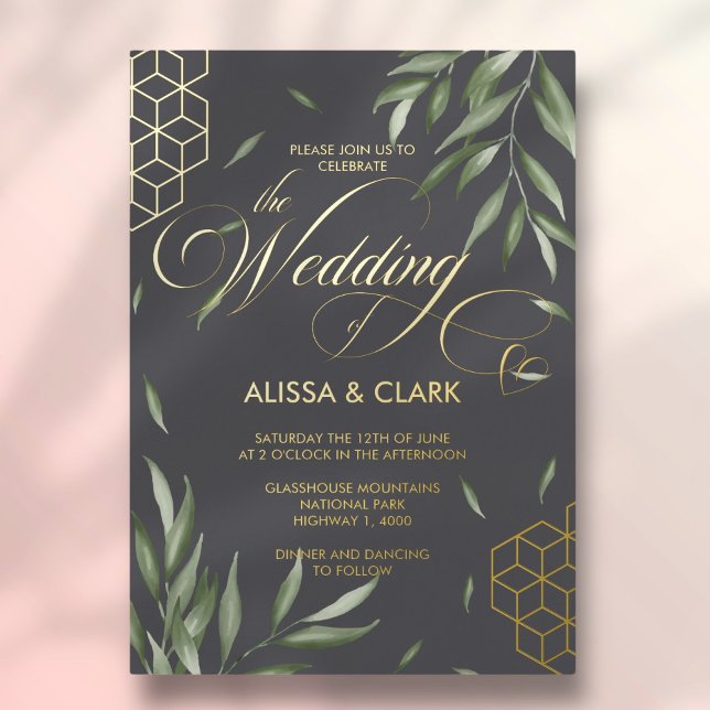 Invitation En Aluminium Aquarelle moderne Foliage Gras Accents géométrique (Créateur téléchargé)