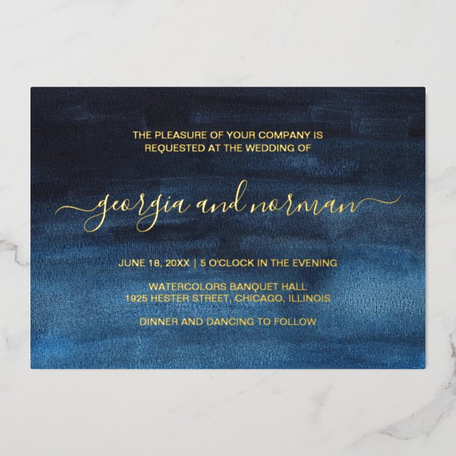 Invitation En Aluminium Aquarelle moderne Marine Mariage bleu or (Recto)