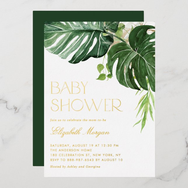 Invitation En Aluminium Aquarelle Monstera Verdure Baby shower tropical (Recto/Verso)