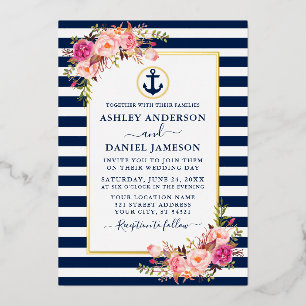 Invitation En Aluminium Aquarelle Nautique Pink Floral Blue Gold
