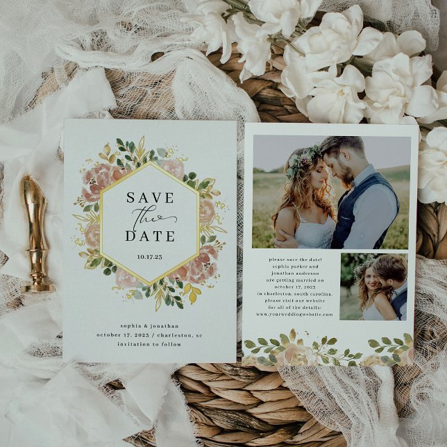 Invitation En Aluminium Aquarelle neutre florale | Enregistrer la date Gol (Créateur téléchargé)