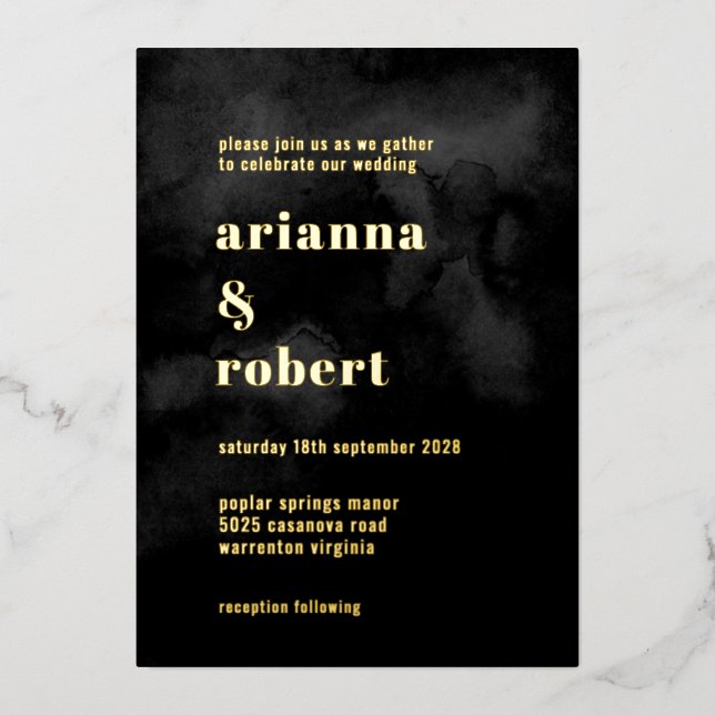 Invitation En Aluminium Aquarelle Noire fumée toile Or moderne (Recto)