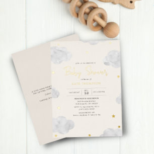 Invitation En Aluminium Aquarelle Nuages Crème Baby shower neutre Or