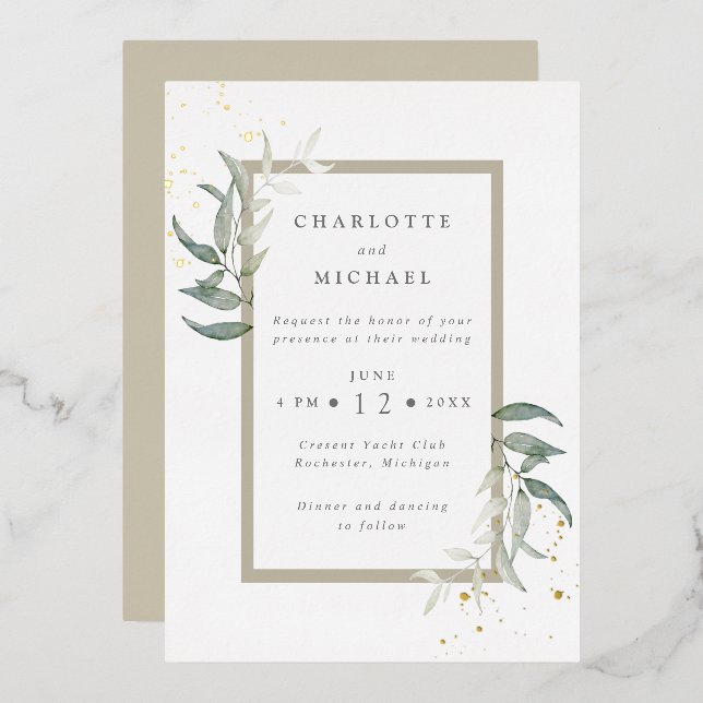 Invitation En Aluminium Aquarelle or et verdure feuilles mariage libre  (Recto/Verso)