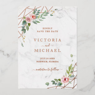 Invitation En Aluminium Aquarelle or rose rose floral Enregistrer la date