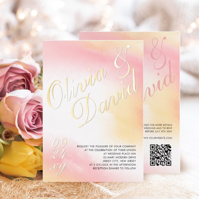 Invitation En Aluminium Aquarelle Pastel Yellow Pink RSVP QR Mariage (Créateur téléchargé)