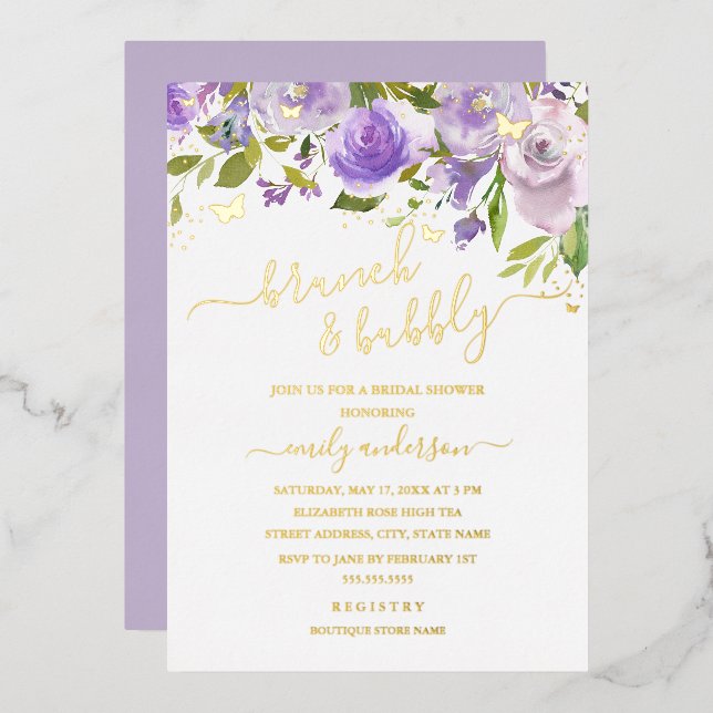 Invitation En Aluminium Aquarelle Purple Or Brunch Et Bubbly (Recto/Verso)