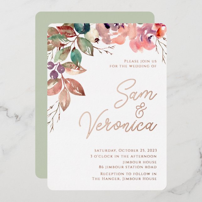 Invitation En Aluminium Aquarelle romantique Blush Mauve Rose Gold Foil (Recto/Verso)