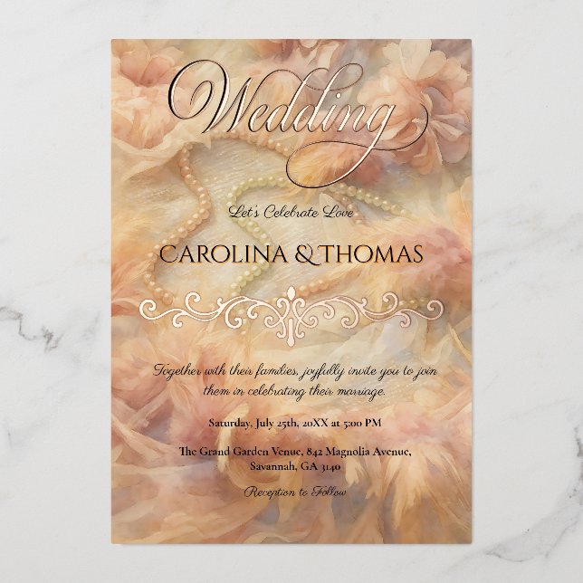 Invitation En Aluminium Aquarelle romantique perles florales Plumes Mariag (Recto)