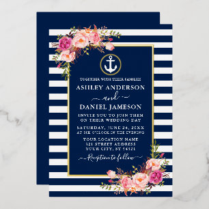 Invitation En Aluminium Aquarelle rose Ancre florale rayures bleu or