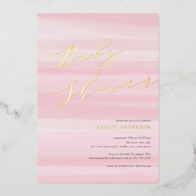 Invitation En Aluminium Aquarelle rose Baby shower à bande (Recto)