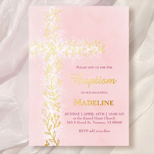 Invitation En Aluminium aquarelle rose blanc croix dorée Baptême